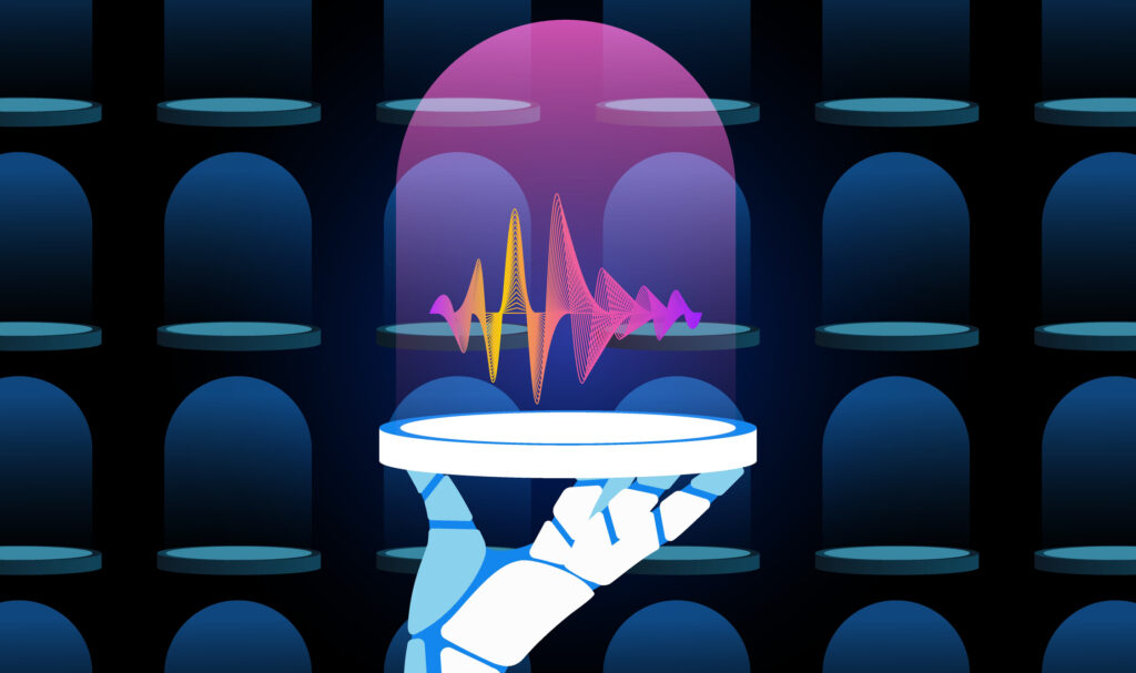 Robotic hand holding glass dome with a sample of voice vector illustration
