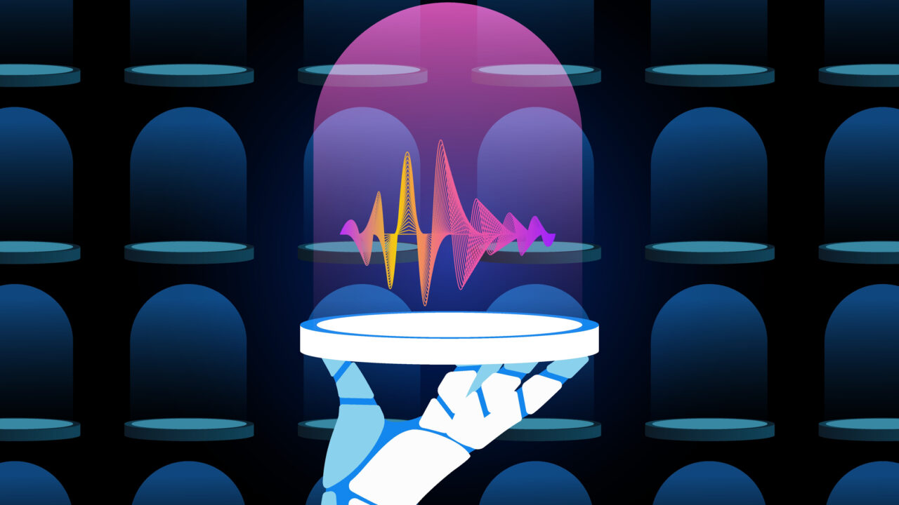 Robotic hand holding glass dome with a sample of voice vector illustration